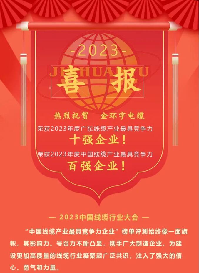 熱烈祝賀！金環(huán)宇電纜榮獲2023年度廣東線纜產業(yè)最具競爭力十強企業(yè)！