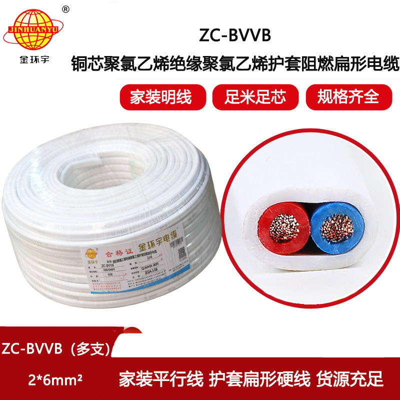 金環宇電線電纜 阻燃c類電纜 明裝扁平行線 2芯護套線ZC-BVVB 2X6平方