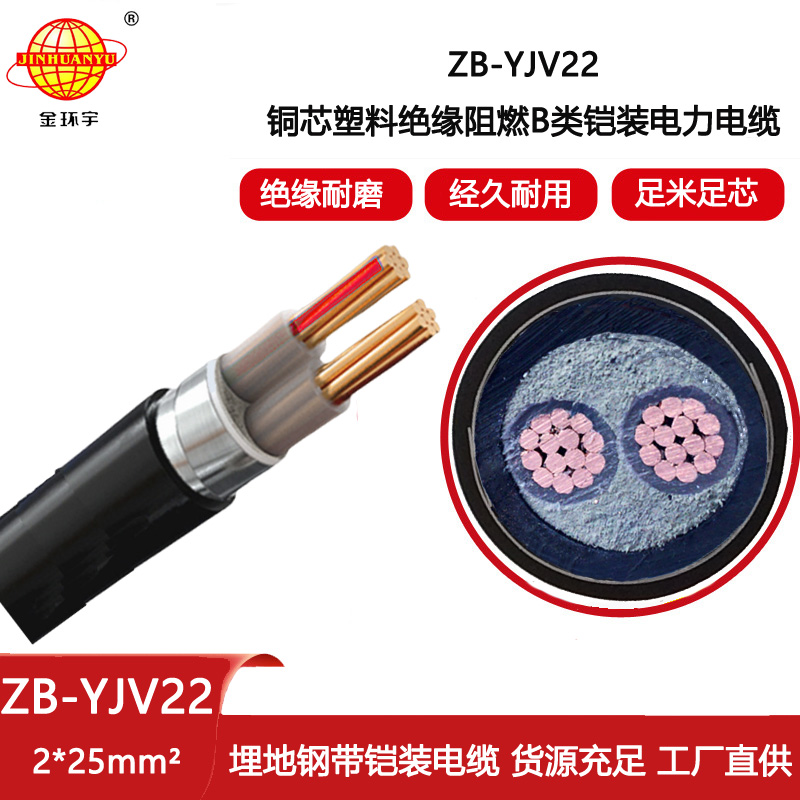 金環(huán)宇電線電纜 b級(jí)阻燃鎧裝電力電纜ZB-YJV22-2X25平方