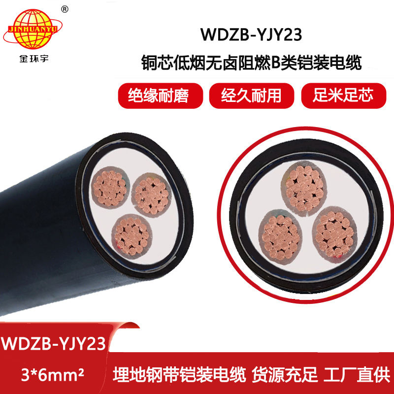 金環宇電線電纜 低煙無鹵三芯銅電纜 b級阻燃電纜WDZB-YJY23-3X6平方
